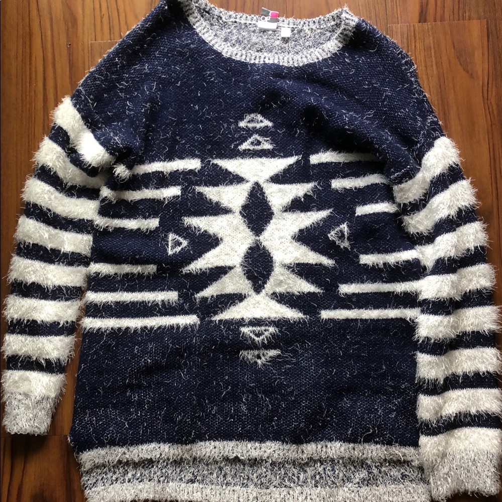 Navy Blue and White Striped Fluffy Sweater